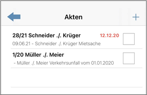 Listenansicht der Aktenordner mit Aktennummer